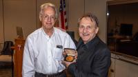 Dr. Andrea Califano accepting an award from Fox Chase director Dr. Jonathan Chernoff